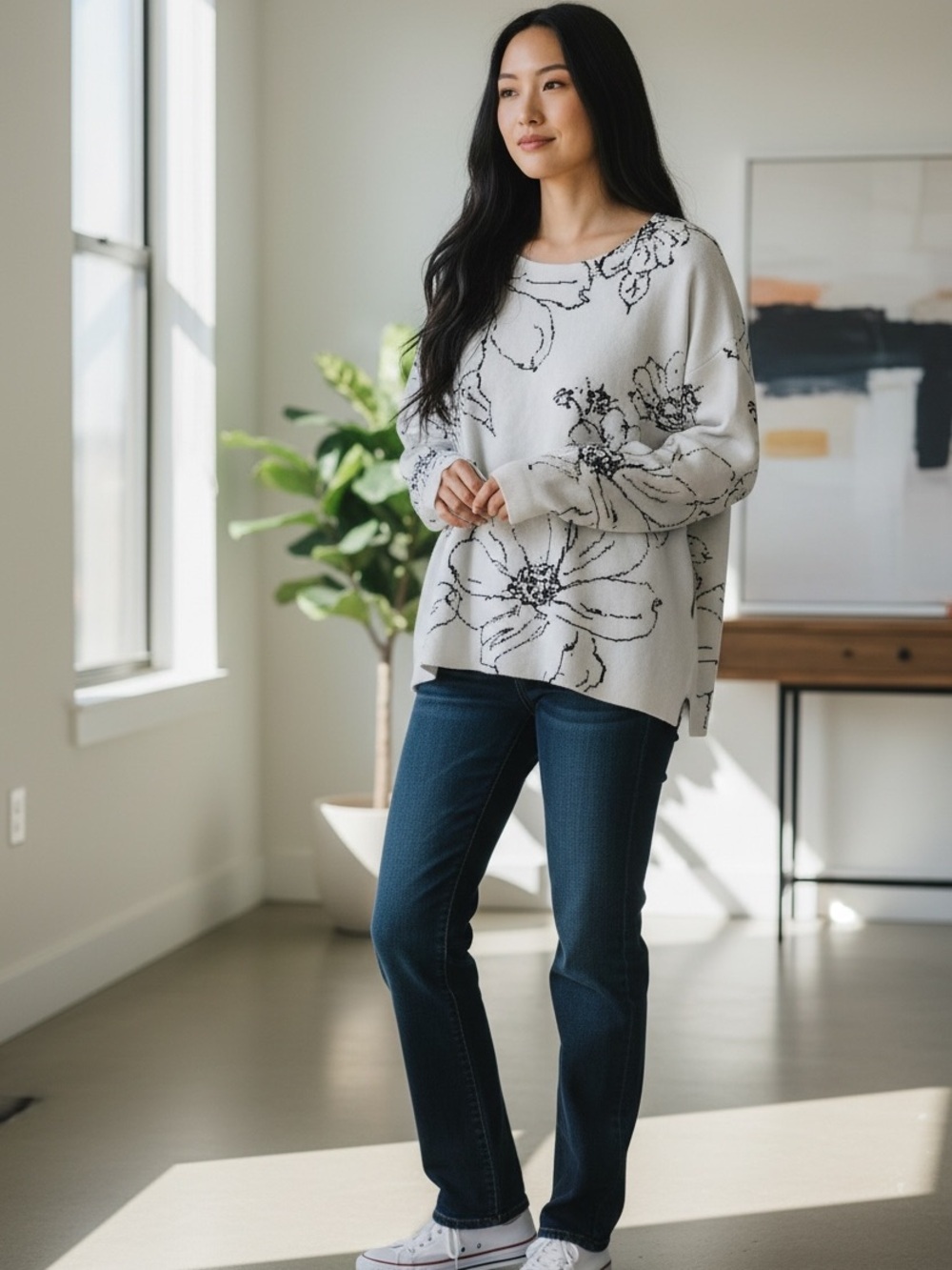 Tahari Floral Intarsia Knit Sweater Ivory Black Plus Size 1X NWT